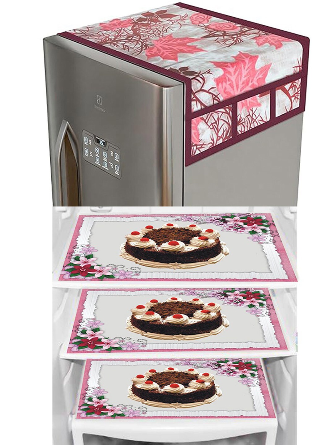 

Dakshya Industries Maroon & Brown Floral Printed Waterproof Fridge Cover & 3 Fridge Mats