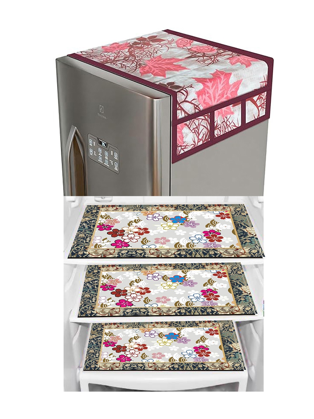 

Dakshya Industries Pink & Maroon 4 Pieces Printed Refrigerator Cover and Mats
