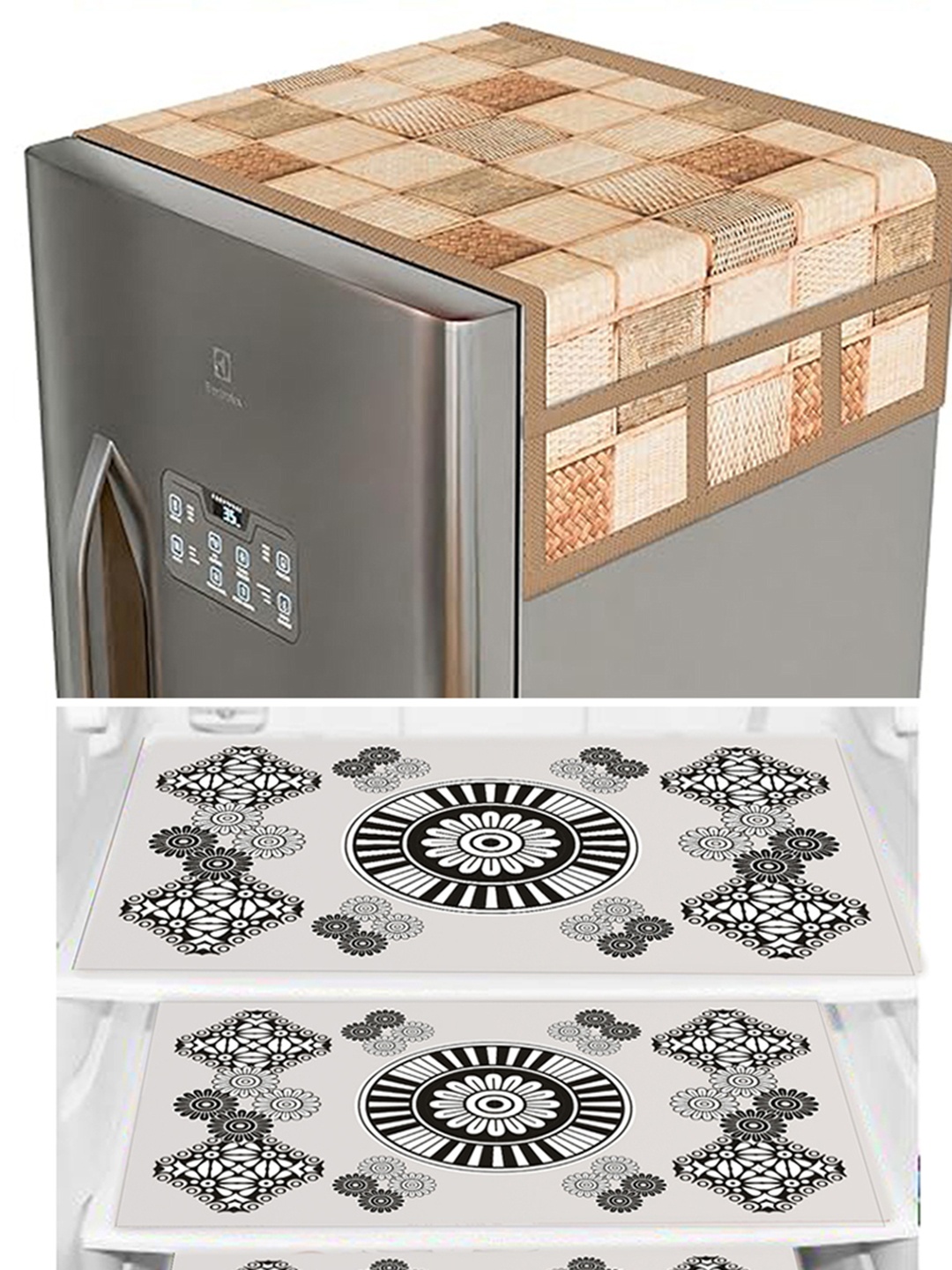 

Dakshya Industries White 4 Pieces Printed Waterproof Fridge Cover With Fridge Mats