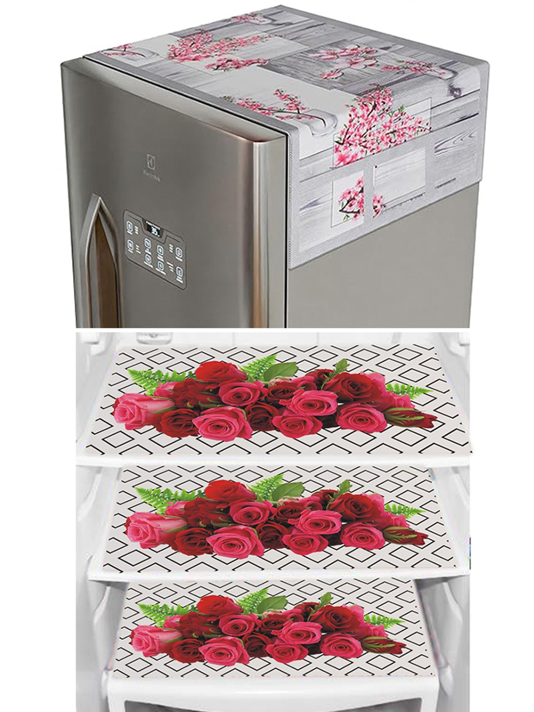 

Dakshya Industries Maroon & Grey 4 Pcs Printed Waterproof Fridge Cover With 3 Fridge Mats