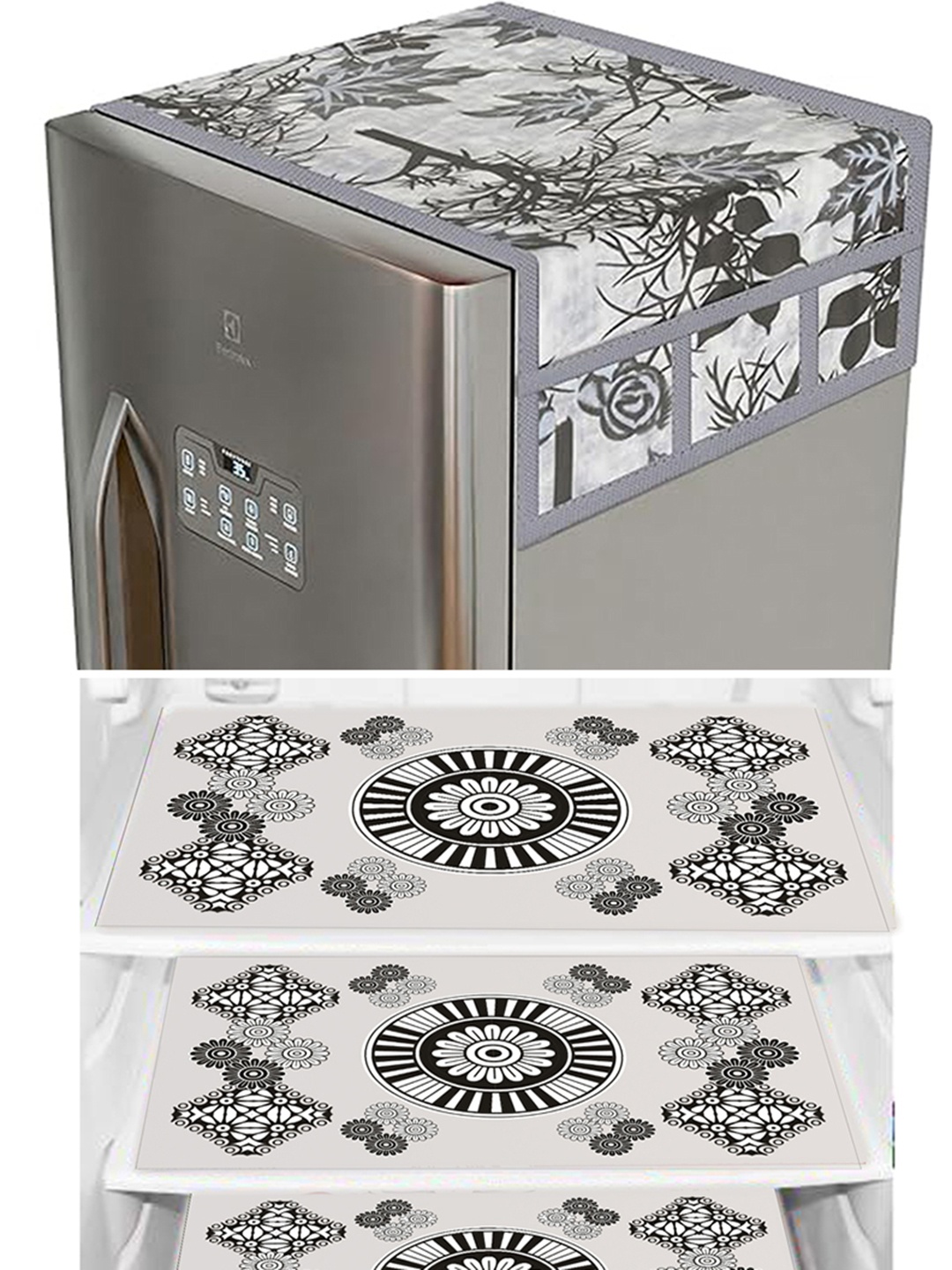 

Dakshya Industries 4 Pieces Black Floral Printed Refrigerator Covers With Fridge Mats, White