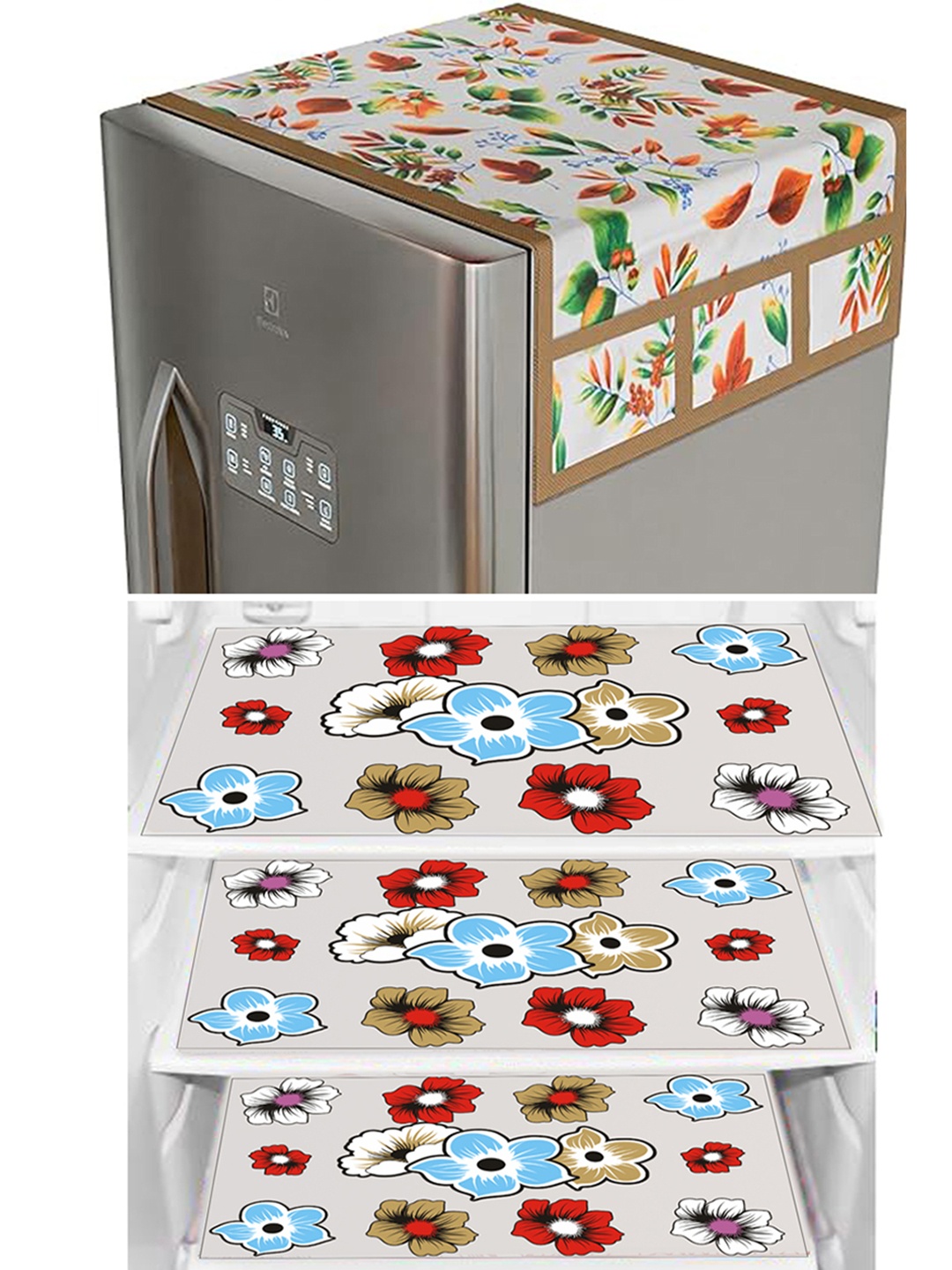 

Dakshya Industries Green & Blue 4 Pieces Floral Printed Fridge Cover With 3 Fridge Mats