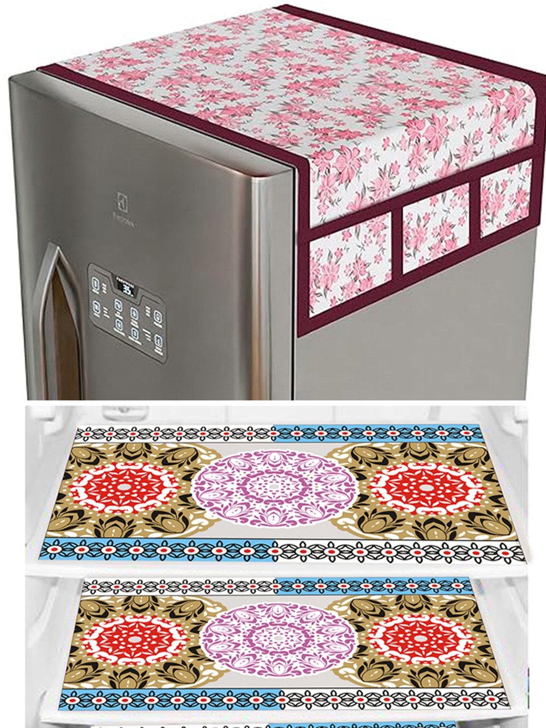 

Dakshya Industries Pink & Red 4 Pieces Floral Printed Waterproof Refrigerator Cover & Mats