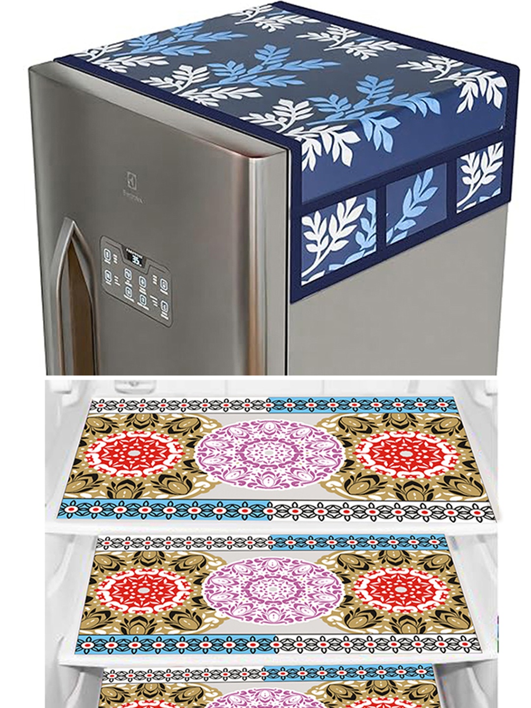 

Dakshya Industries Blue 4 Pieces Printed Refrigerator Covers With Fridge Mats