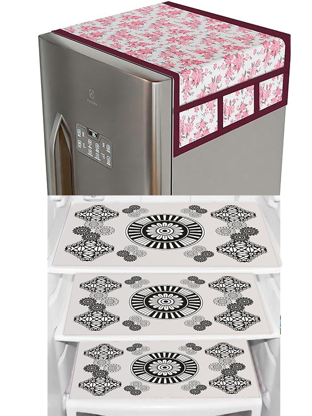 

Dakshya Industries White 4 Pieces Printed Refrigerator Cover and Mats