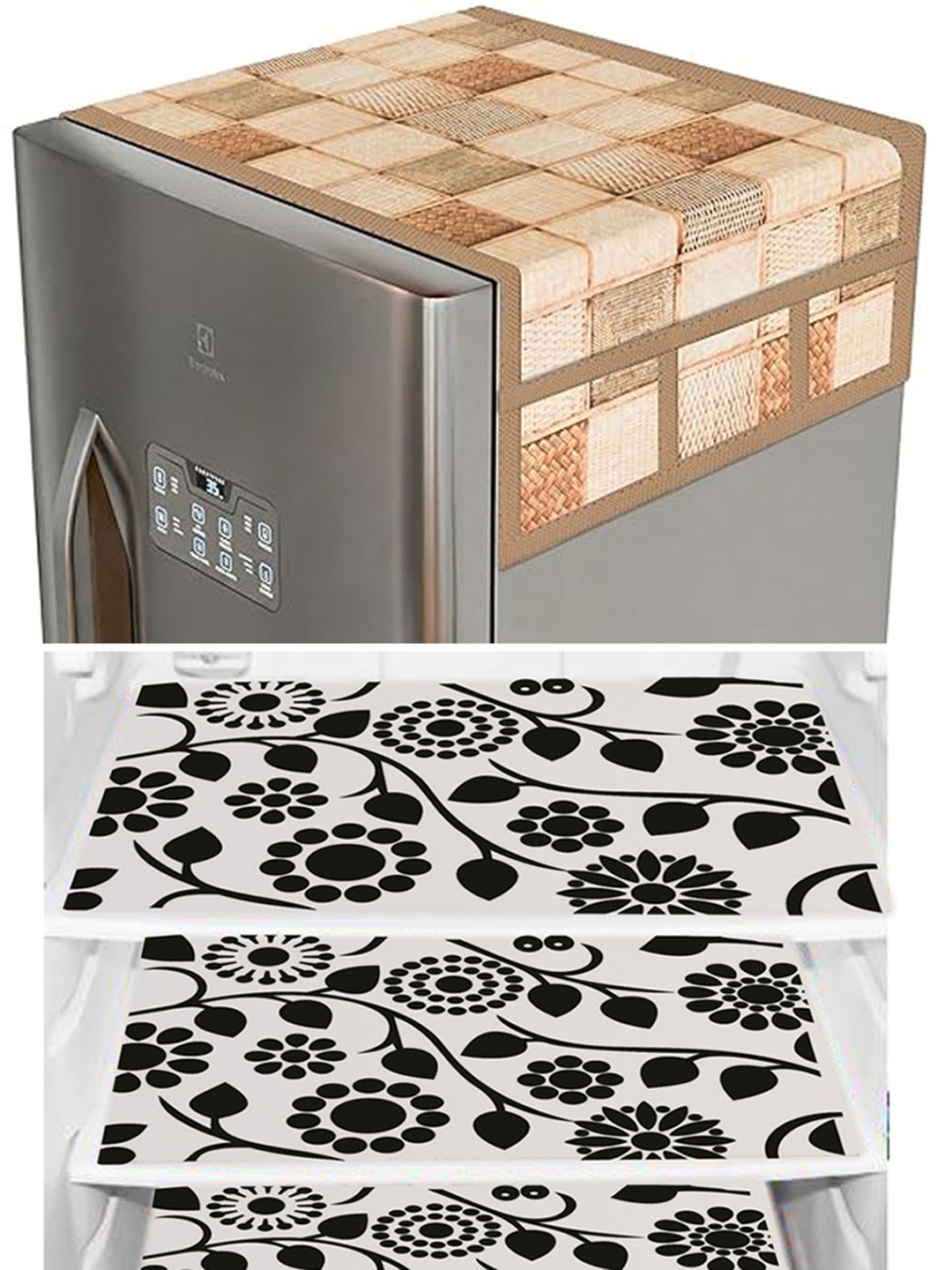 

Dakshya Industries 4 Pieces Black & Beige Floral Printed Fridge Covers