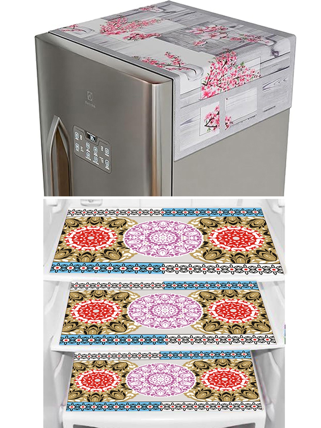 

Dakshya Industries 4 Pieces Pink & Grey Floral Printed Fridge Covers