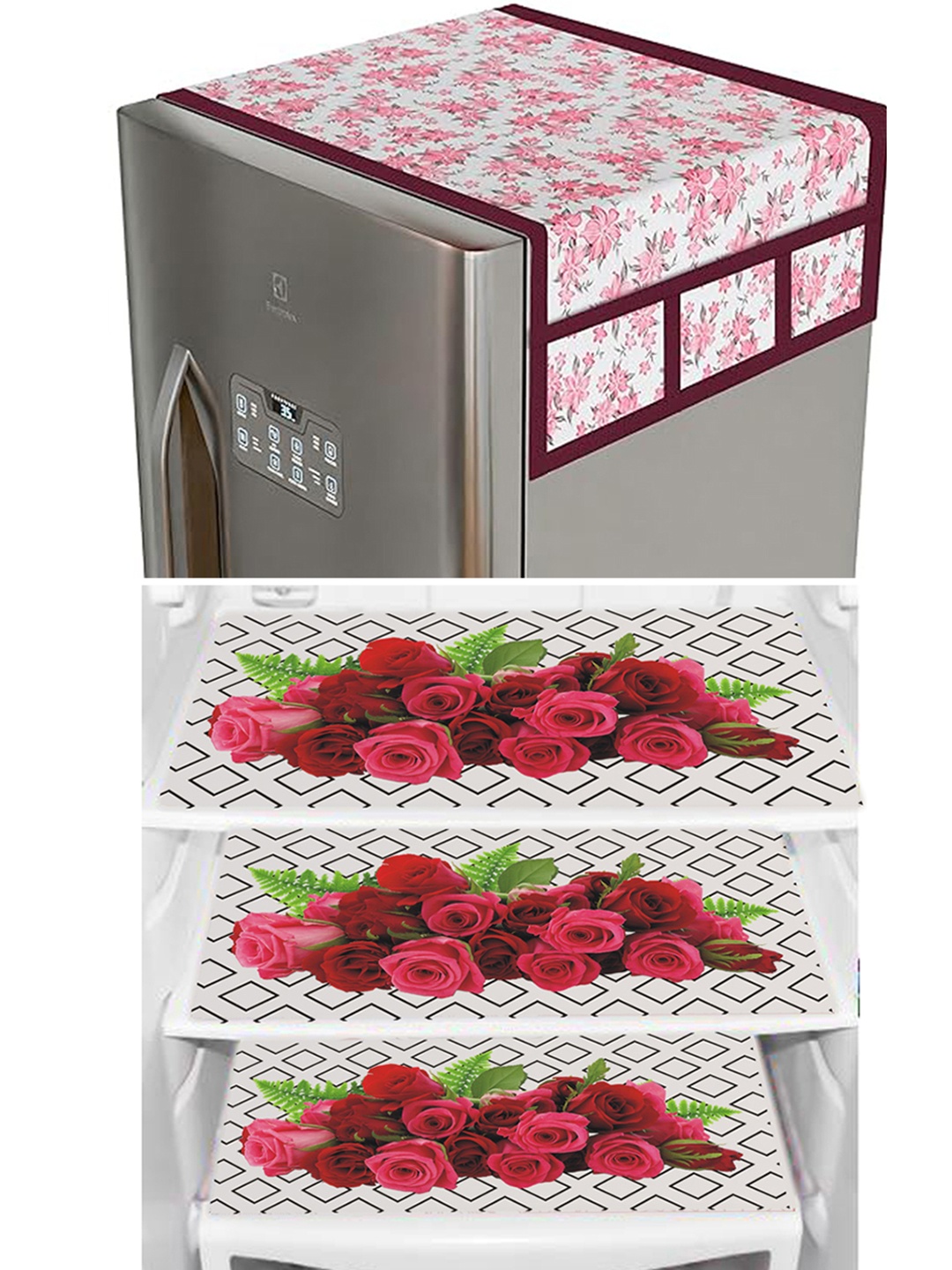 

Dakshya Industries Maroon & Pink 4 Pieces Printed Refrigerator Covers