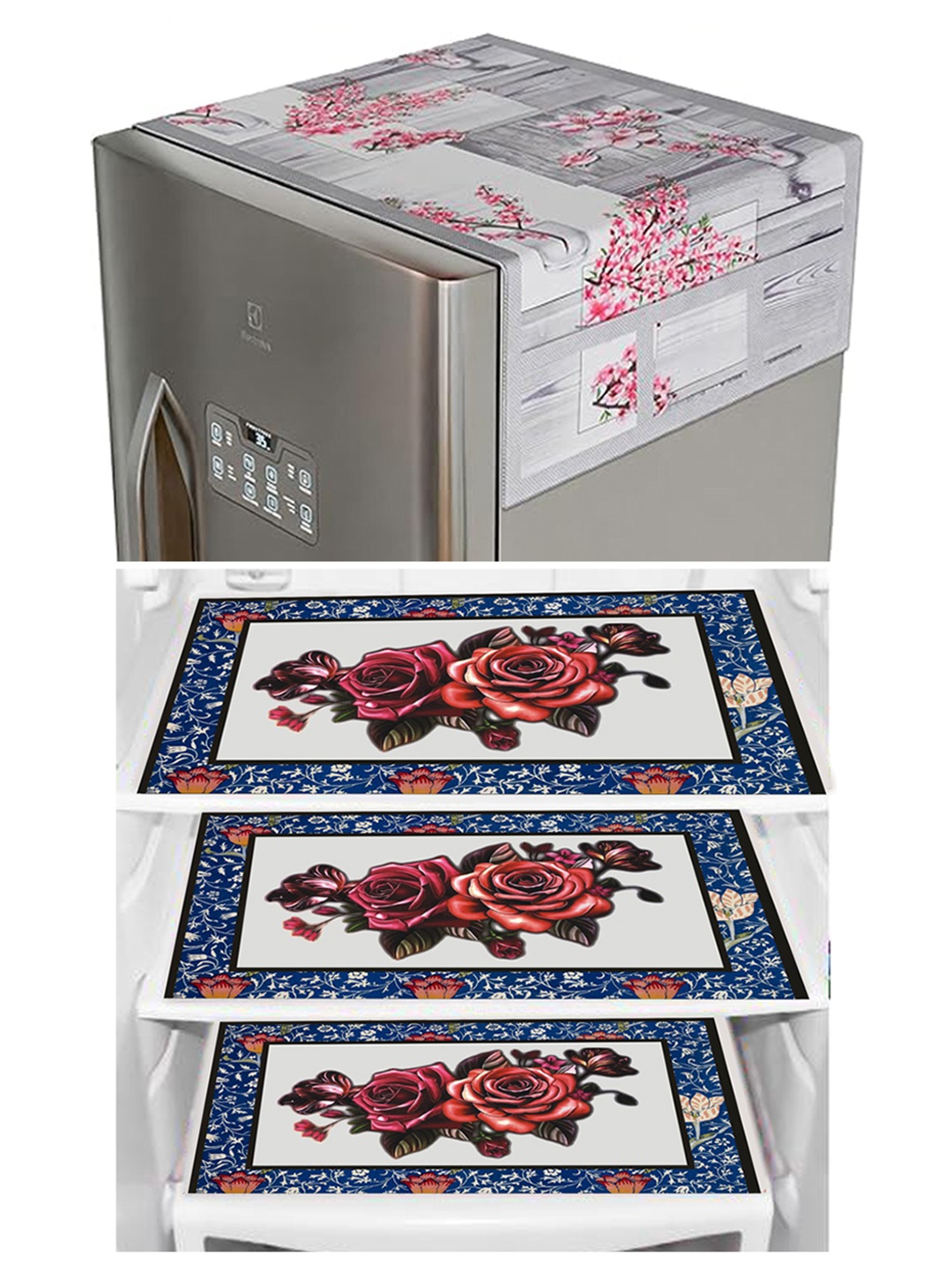 

Dakshya Industries Grey & Blue 4 Pieces Floral Printed Fridge Cover With 3 Fridge Mats
