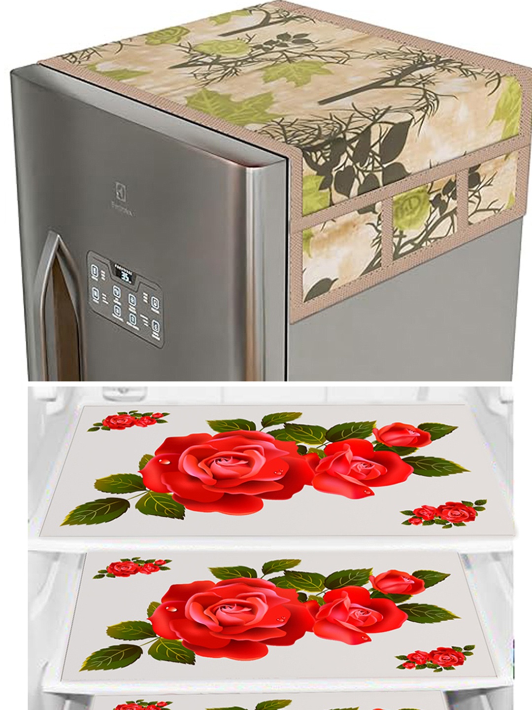 

Dakshya Industries Red & White 4 Pieces Printed Refrigerator Covers With Fridge Mats