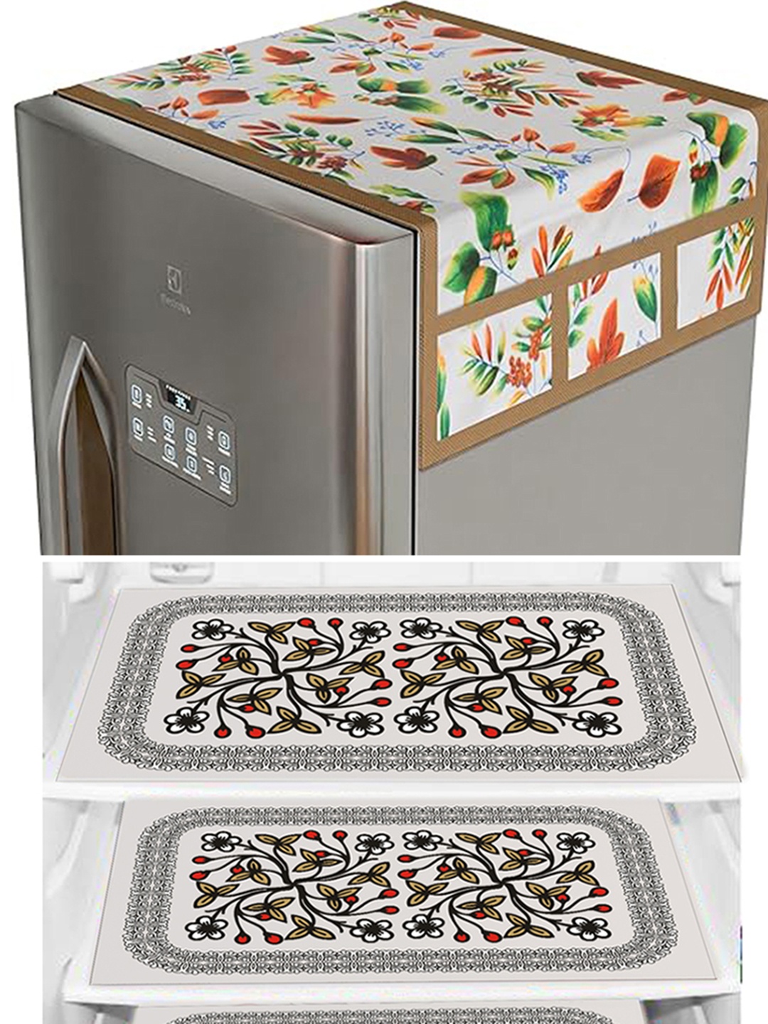 

Dakshya Industries White & Black 4 Pieces Printed Refrigerator Covers With Fridge Mats