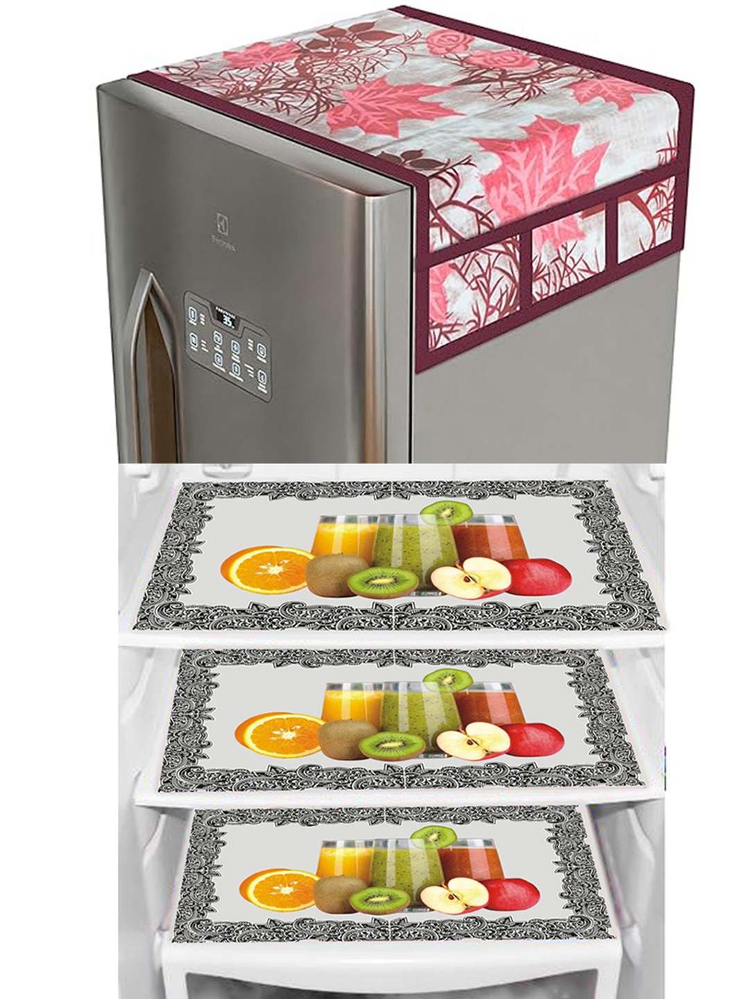 

Dakshya Industries Maroon & Green Floral Printed Waterproof Fridge Cover & 3 Fridge Mats