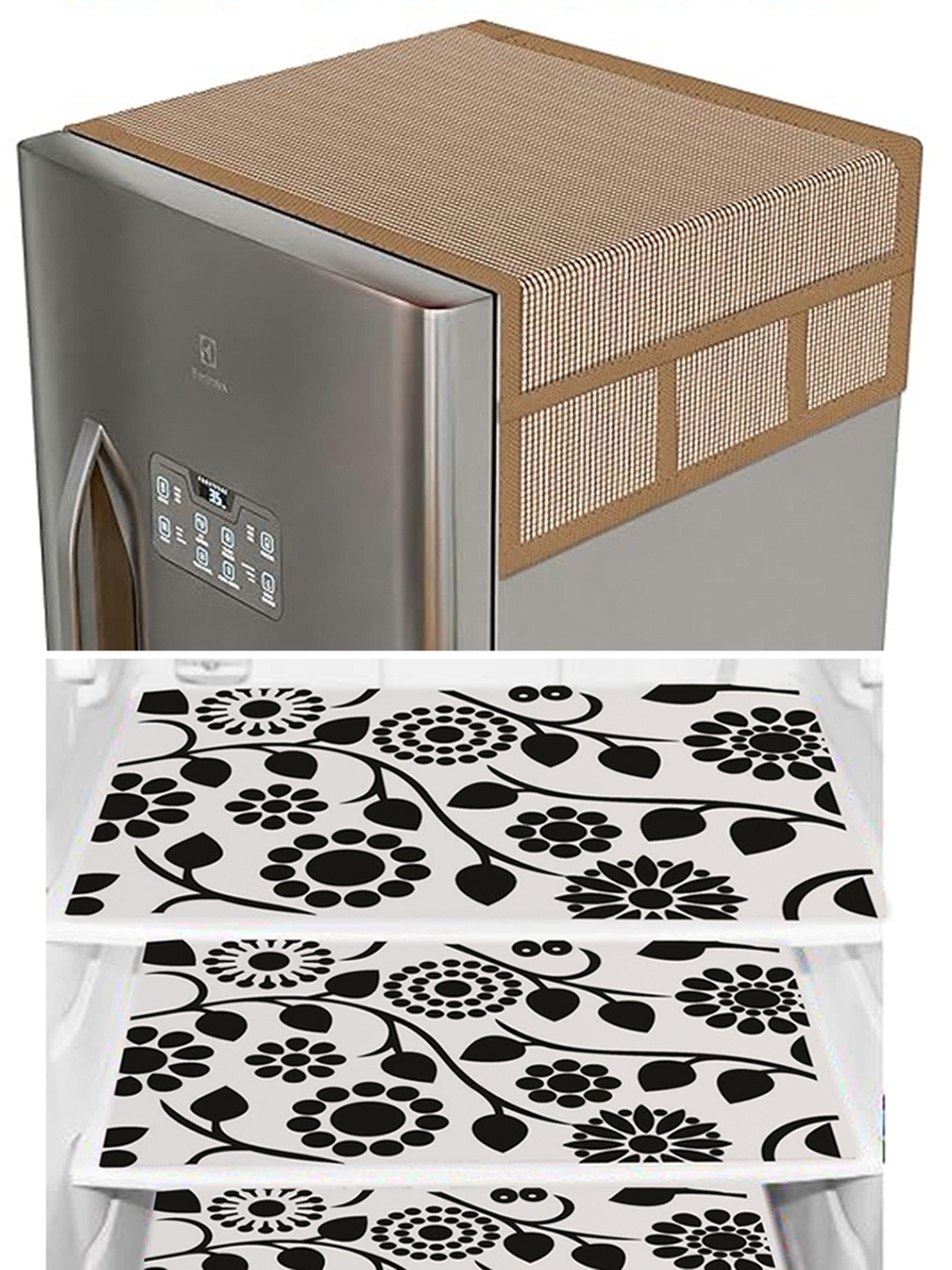 

Dakshya Industries 4 Pieces Brown & Black Printed Refrigerator Covers With Fridge Mats
