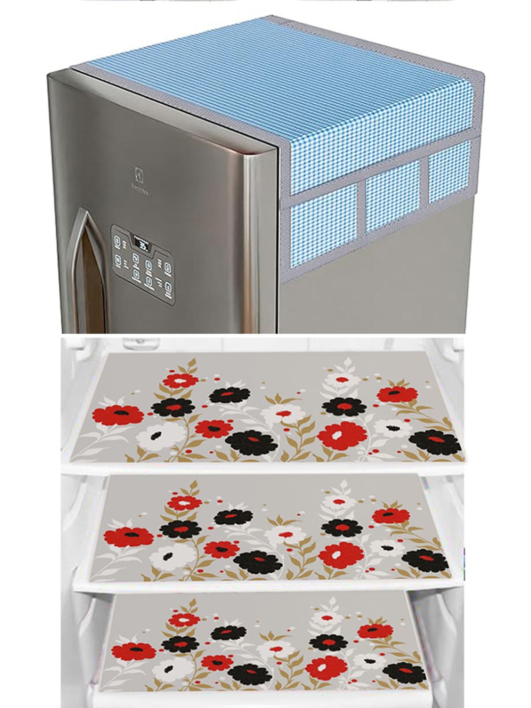 

Dakshya Industries Beige & Blue 4Pcs Refrigerator covers & Mats