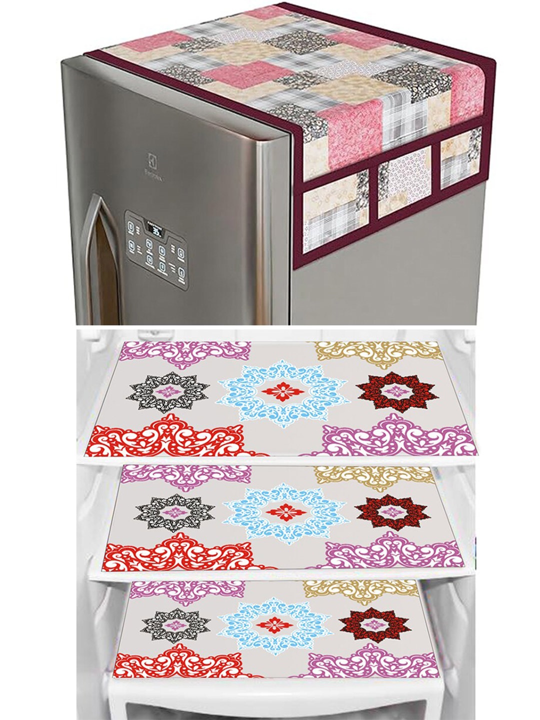 

Dakshya Industries Beige 4 Pieces Floral Printed Waterproof Refrigerator Cover & Mats