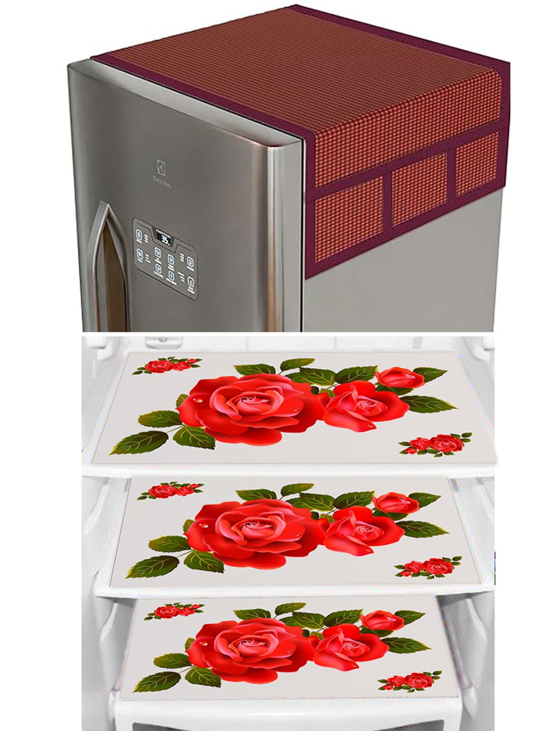 

Dakshya Industries Maroon & Red Floral Printed Waterproof Fridge Cover With Fridge Mats