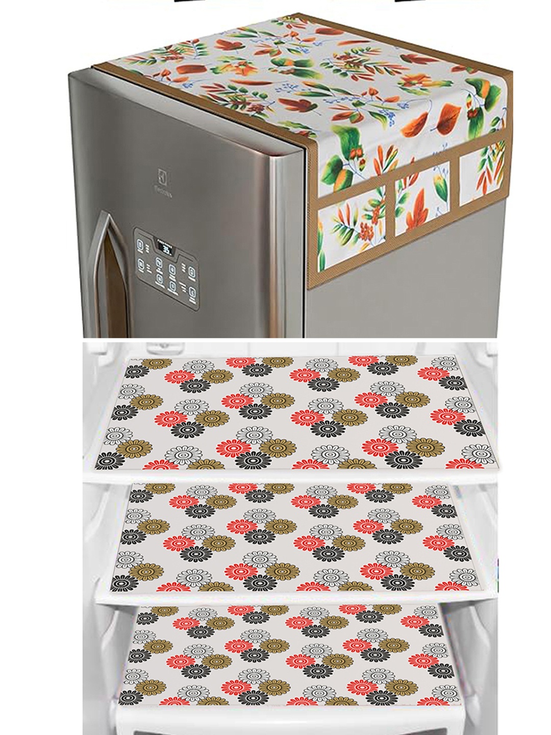 

Dakshya Industries Green & Red Floral Printed Waterproof Fridge Cover With 3 Fridge Mats