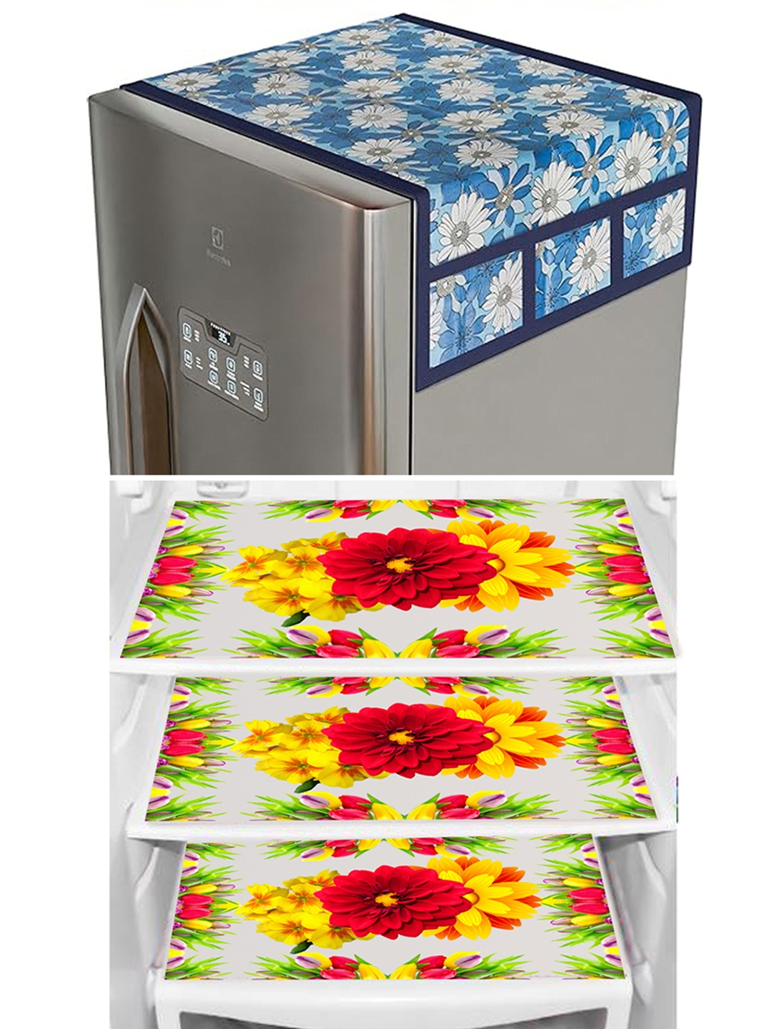 

Dakshya Industries White & Pink 4-Pcs Printed Refrigerator Covers With Fridge Mats