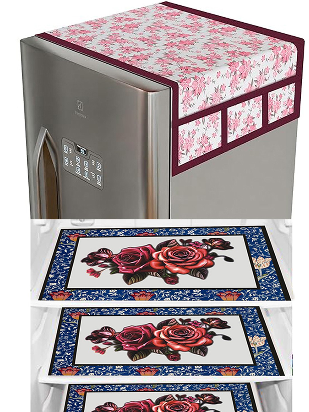 

Dakshya Industries White & Pink 4 Pieces Printed Refrigerator Covers With Fridge Mats