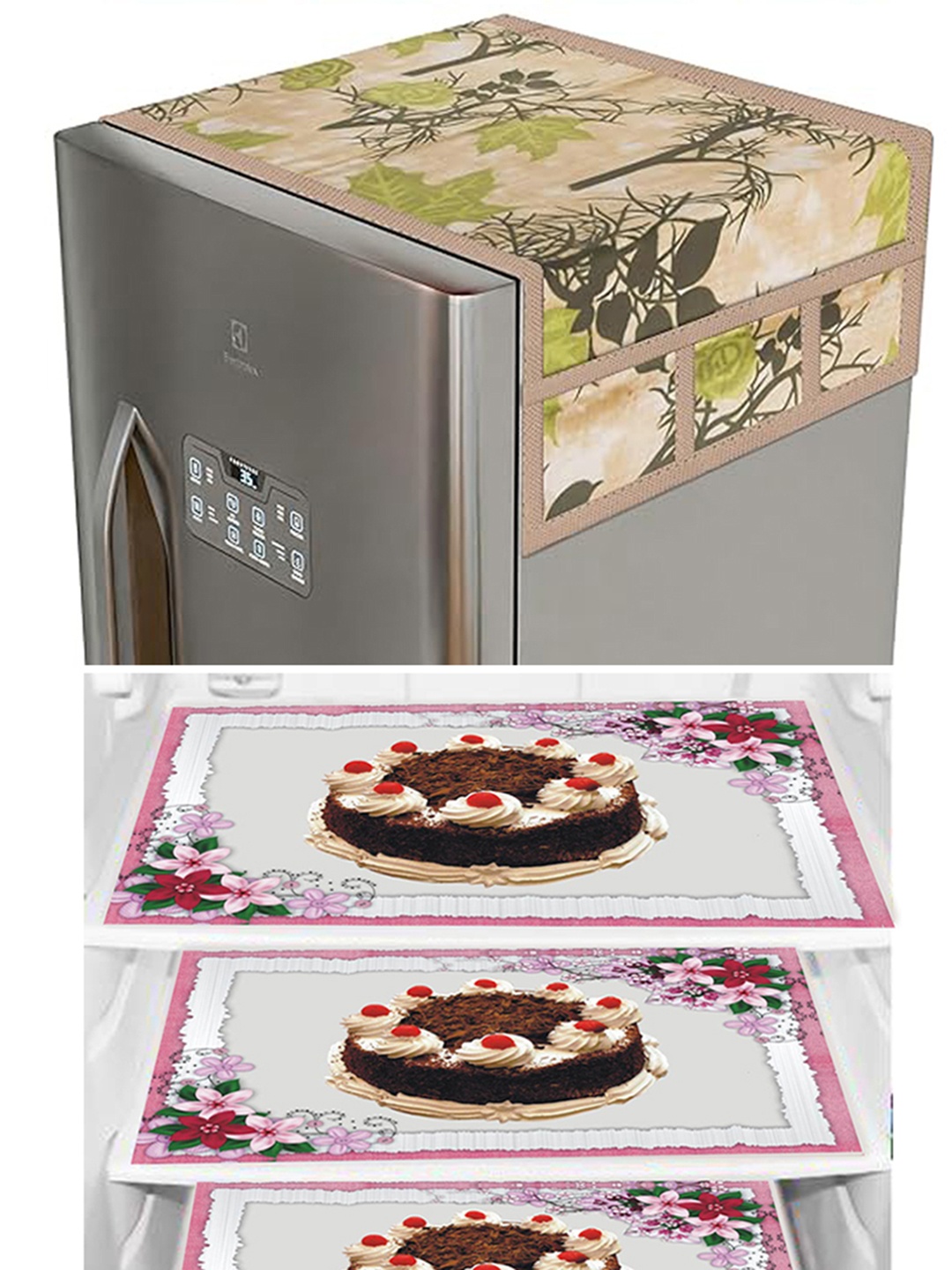 

Dakshya Industries 4 Pieces Brown & Pink Printed Refrigerator Covers With Fridge Mats