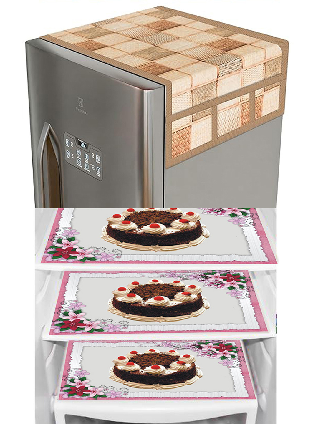 

Dakshya Industries Brown & Beige 4 Pieces Floral Printed Fridge Cover With 3 Fridge Mats
