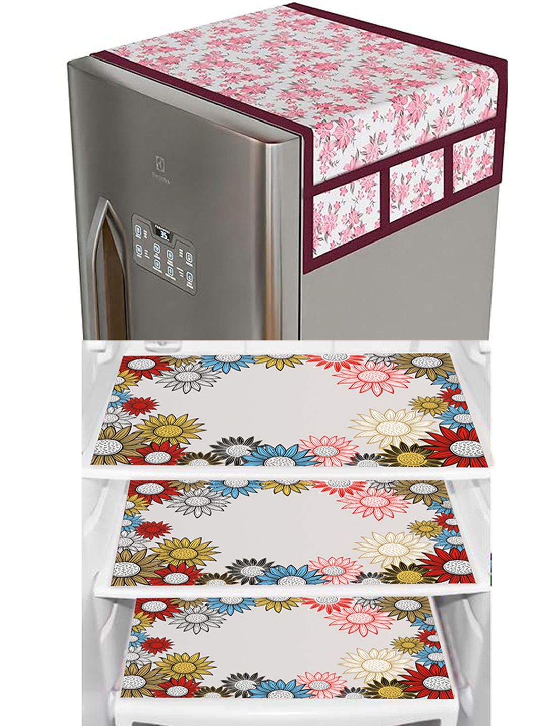 

Dakshya Industries White & Pink 4 Pieces Printed Refrigerator Covers