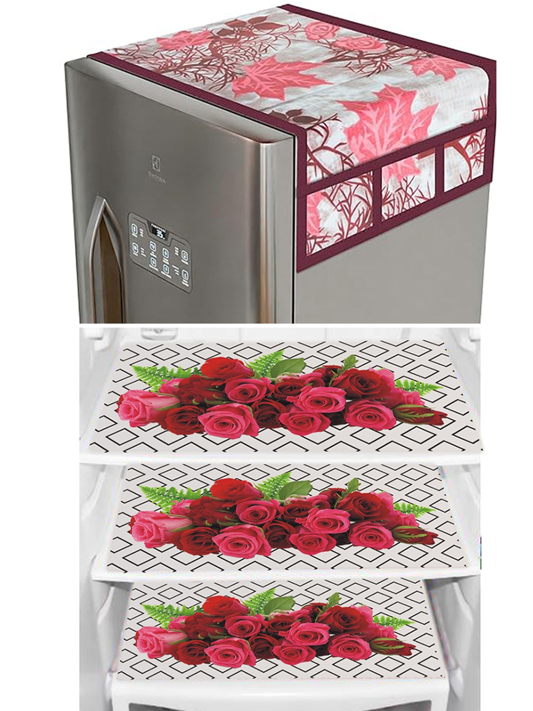 

Dakshya Industries White & Pink 4 Pieces Printed Refrigerator Covers
