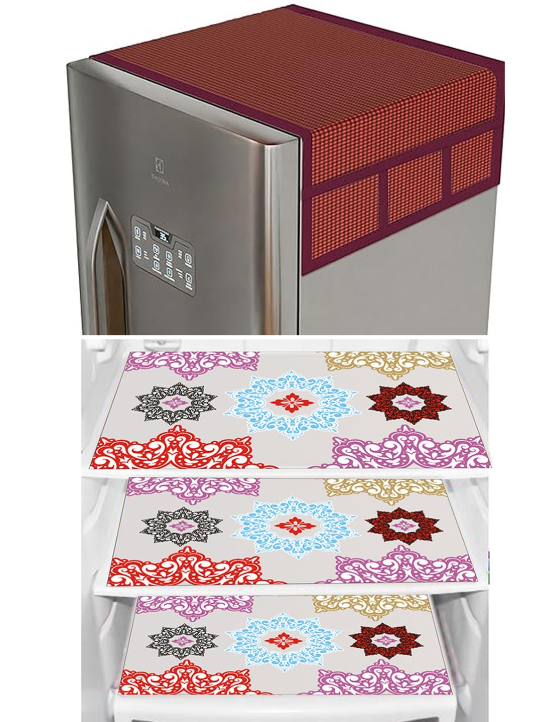 

Dakshya Industries Maroon & Pink 4Pcs Printed Refrigerator covers & Mats