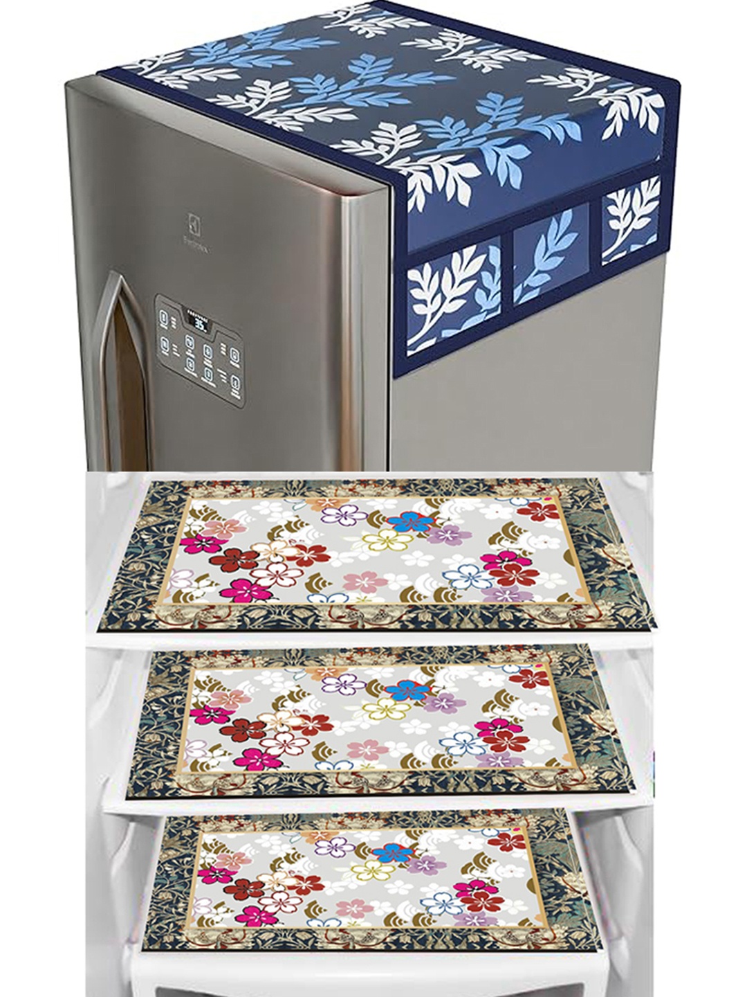 

Dakshya Industries Blue & White 4 Pieces Printed Refrigerator Covers With Fridge Mats