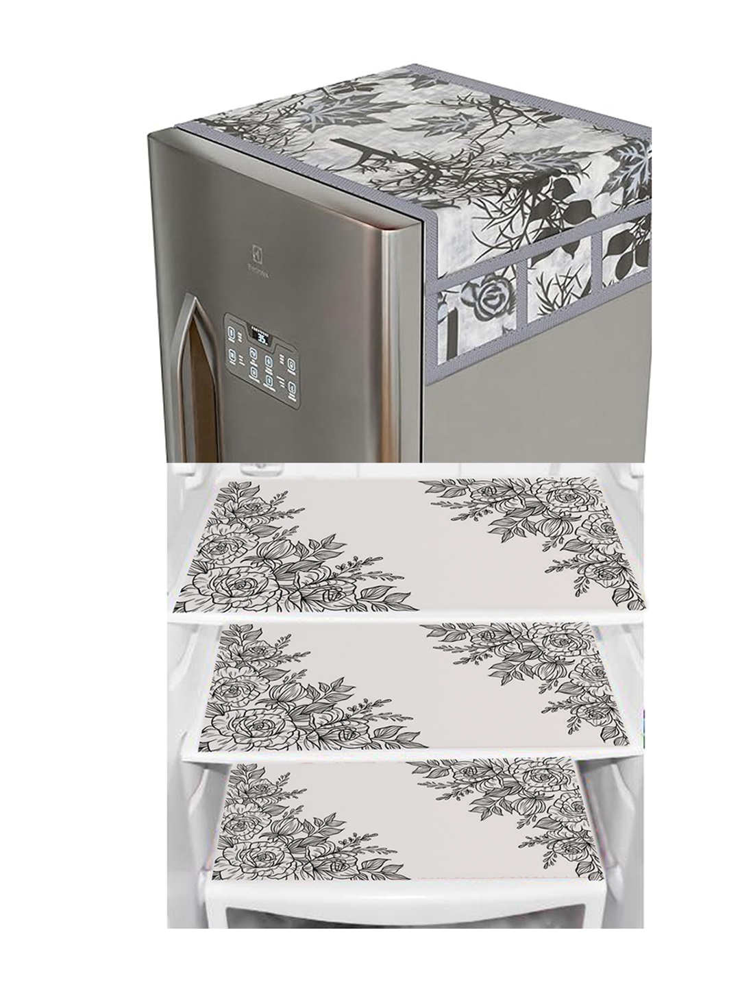 

Dakshya Industries Black & White Floral Printed Waterproof Fridge Cover With 3 Fridge Mats