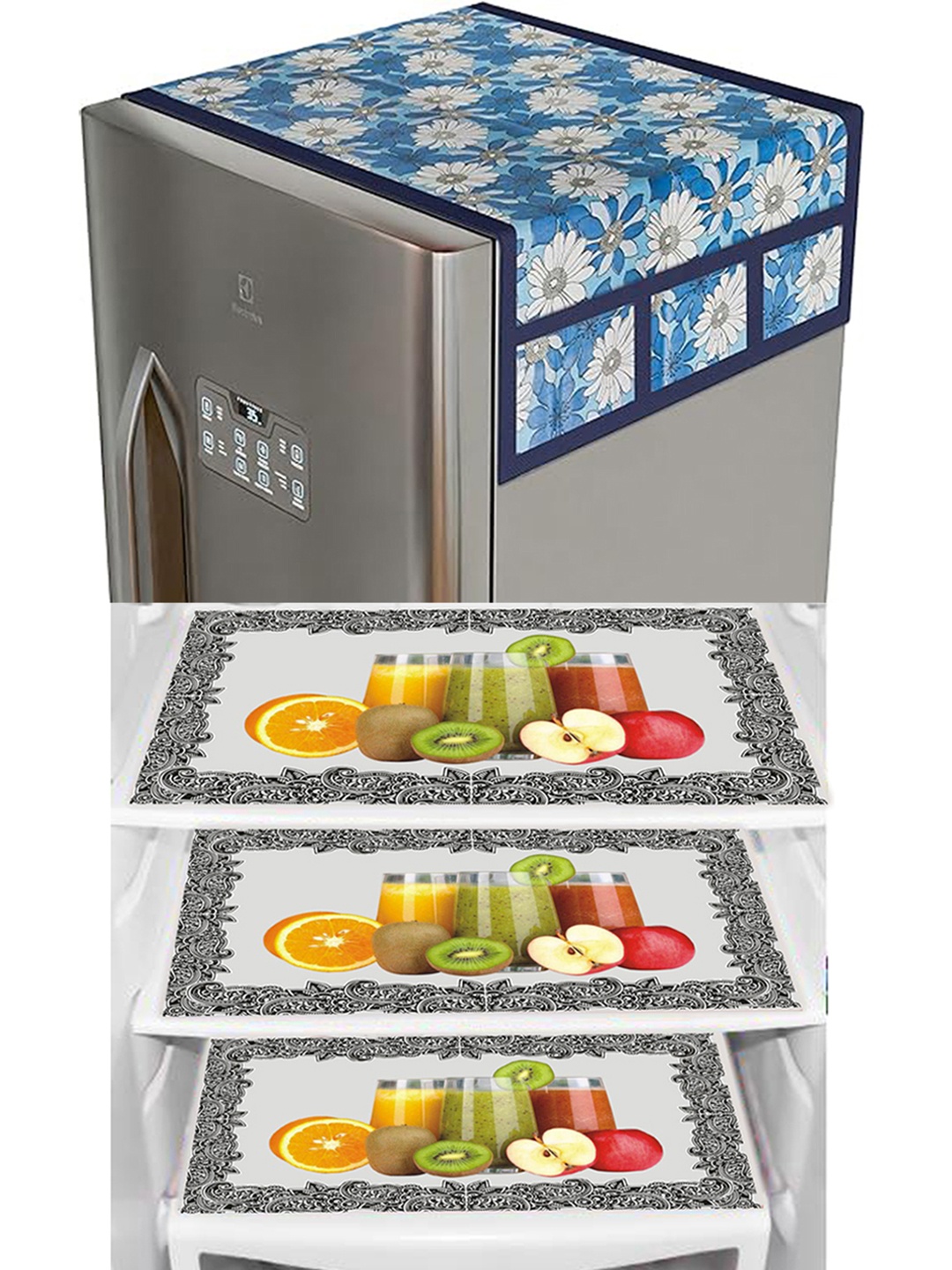 

Dakshya Industries White & Blue 4 Pieces Printed Refrigerator Covers With Fridge Mats