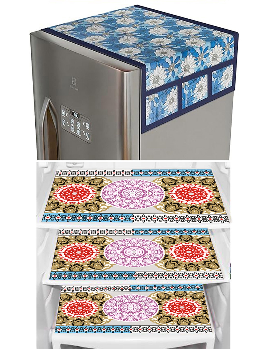 

Dakshya Industries Blue & Pink 4 Pieces Printed Refrigerator Covers