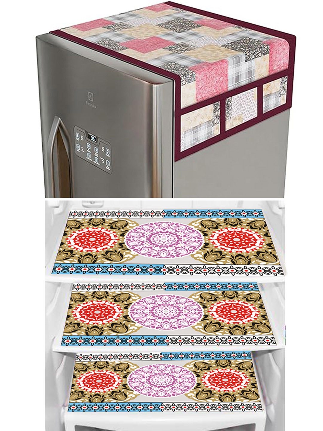 

Dakshya Industries Beige & Pink 4 Pieces Printed Refrigerator Cover & Mat