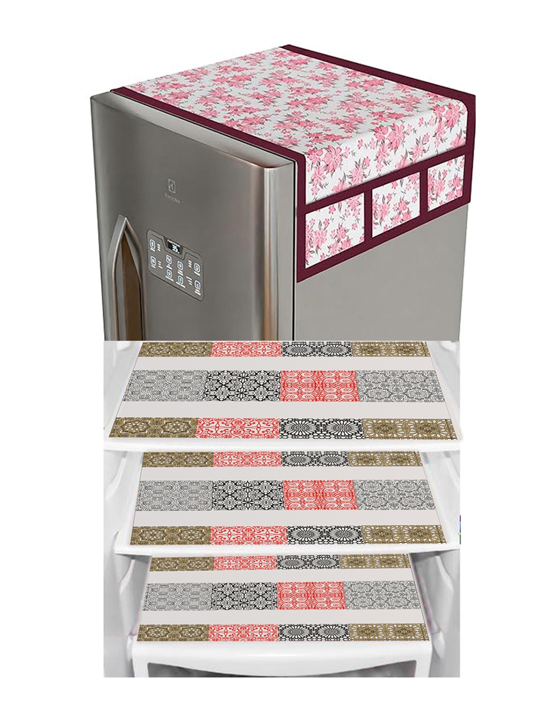 

Dakshya Industries White & Pink 4 Pieces Printed Refrigerator Covers With Mats