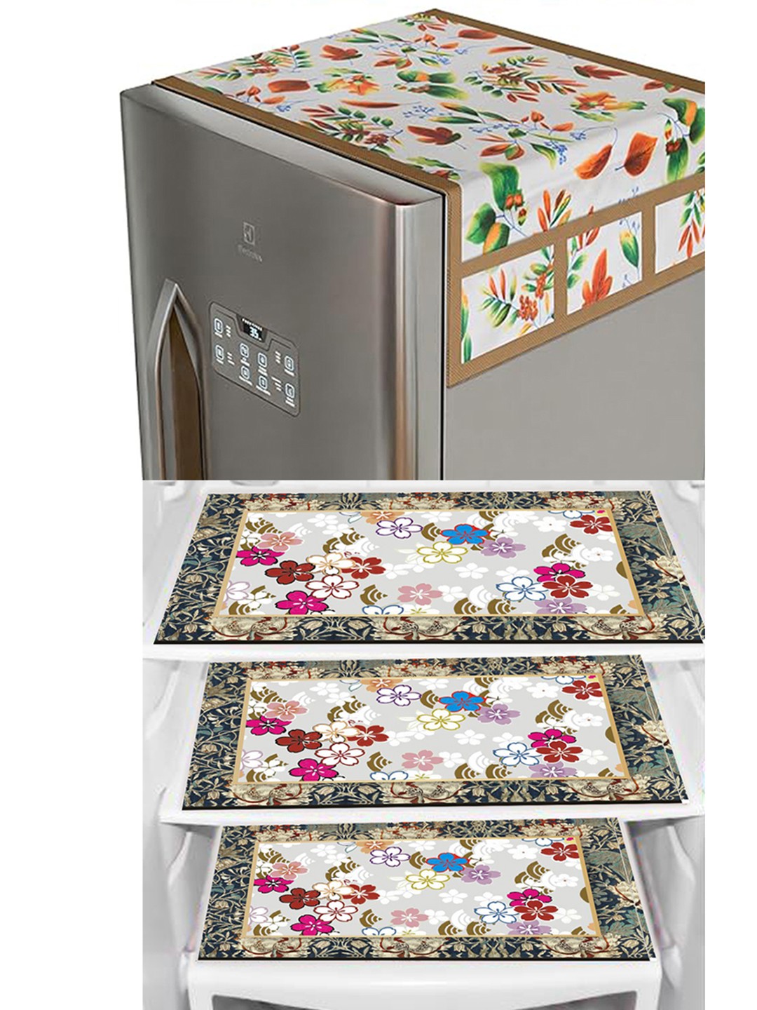 

Dakshya Industries White 4 Pieces Printed Refrigerator Cover and Mats, Green