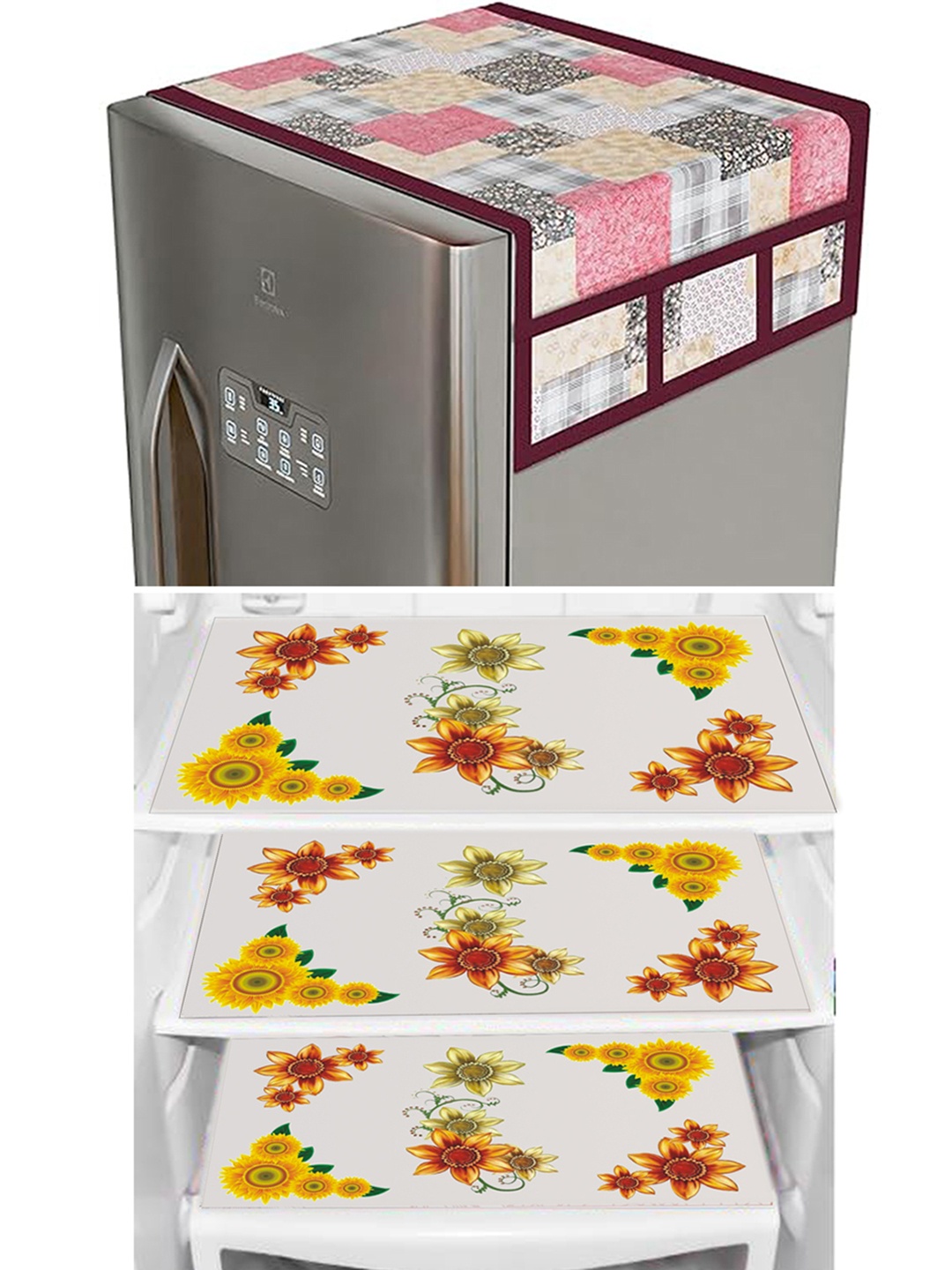 

Dakshya Industries Yellow & Pink 4 Pieces Printed Refrigerator Covers With Fridge Mats