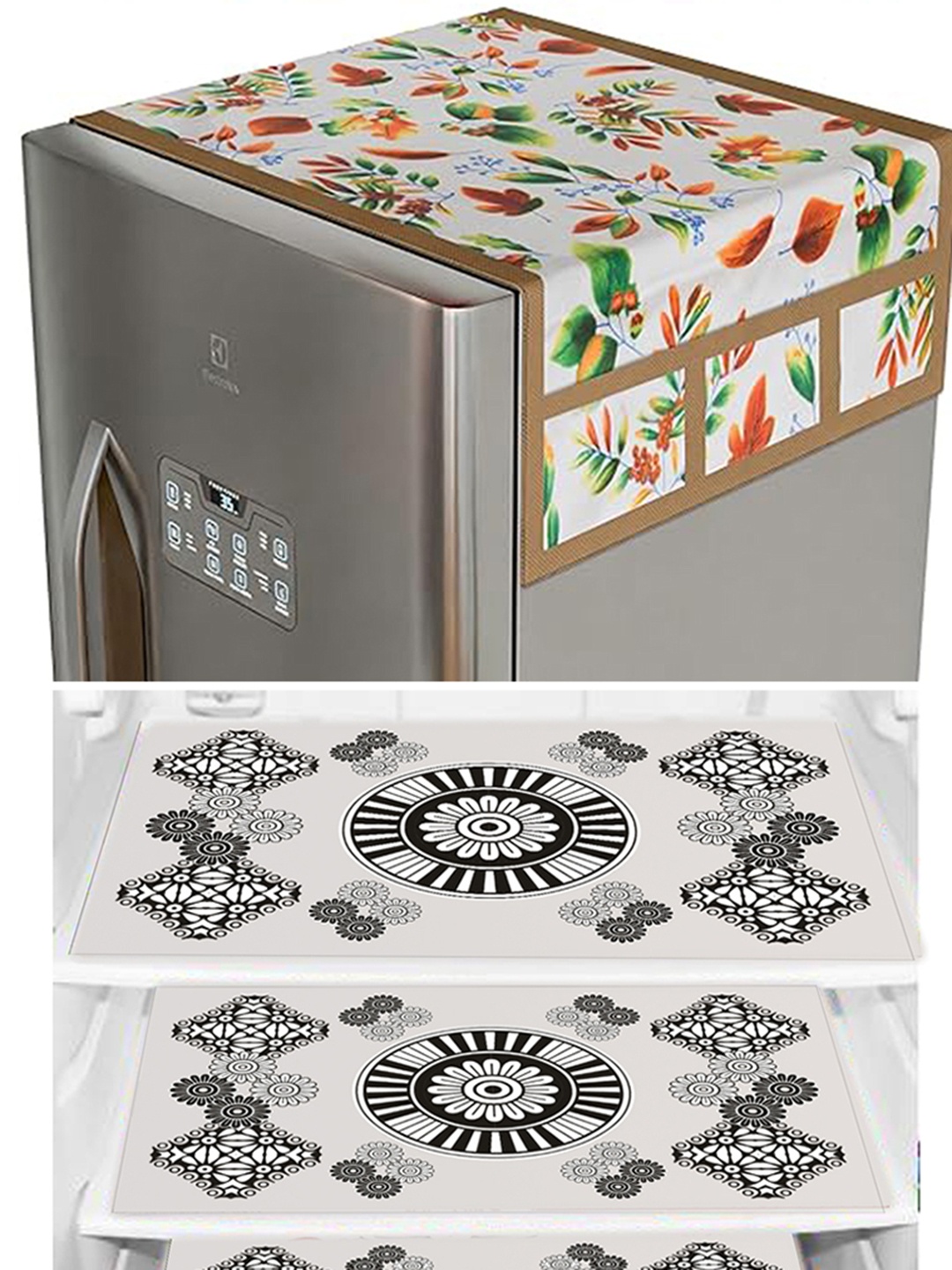 

Dakshya Industries White & Black 4 Pieces Printed Refrigerator Covers With Mats