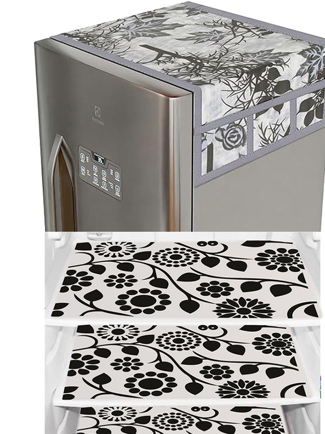 

Dakshya Industries 4 Pieces White & Black Printed Refrigerator Covers With Fridge Mats