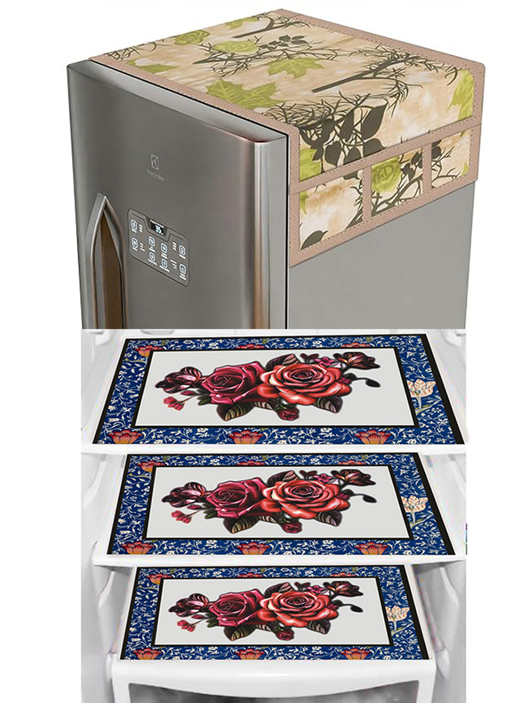 

Dakshya Industries White & Blue 4-Pcs Printed Refrigerator Covers With Fridge Mats