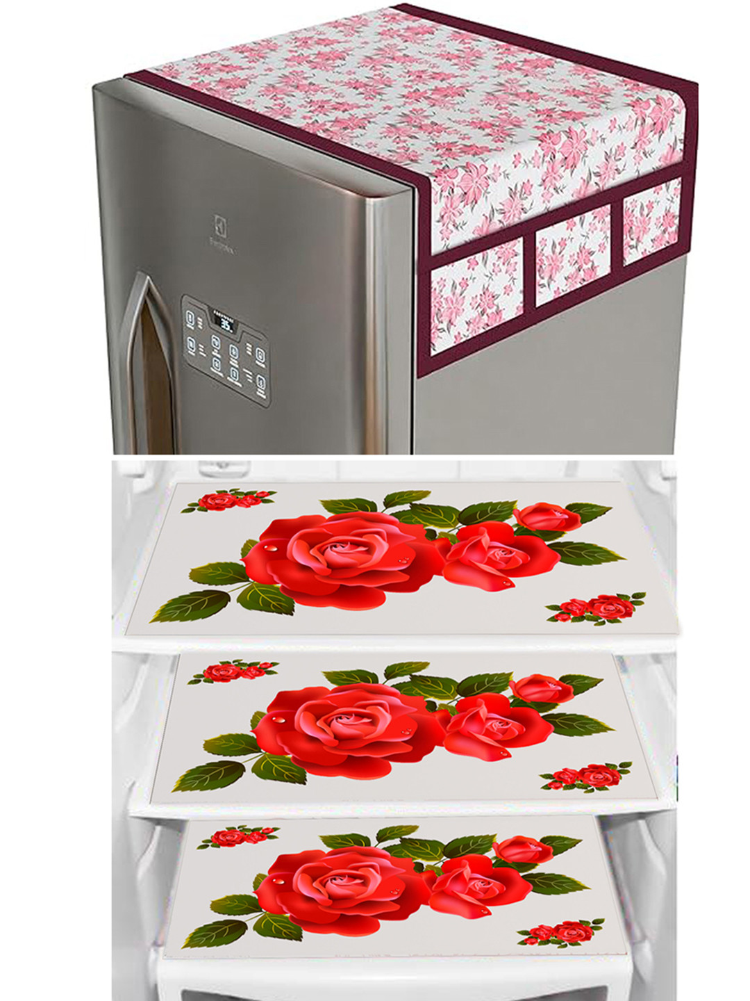 

Dakshya Industries Red & Pink 4 Pieces Floral Printed Refrigerator Cover & Mat
