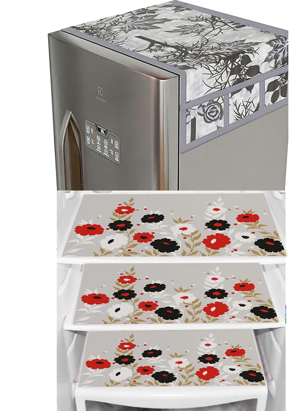 

Dakshya Industries 4 Pieces White & Red Printed Refrigerator Covers With Fridge Mats