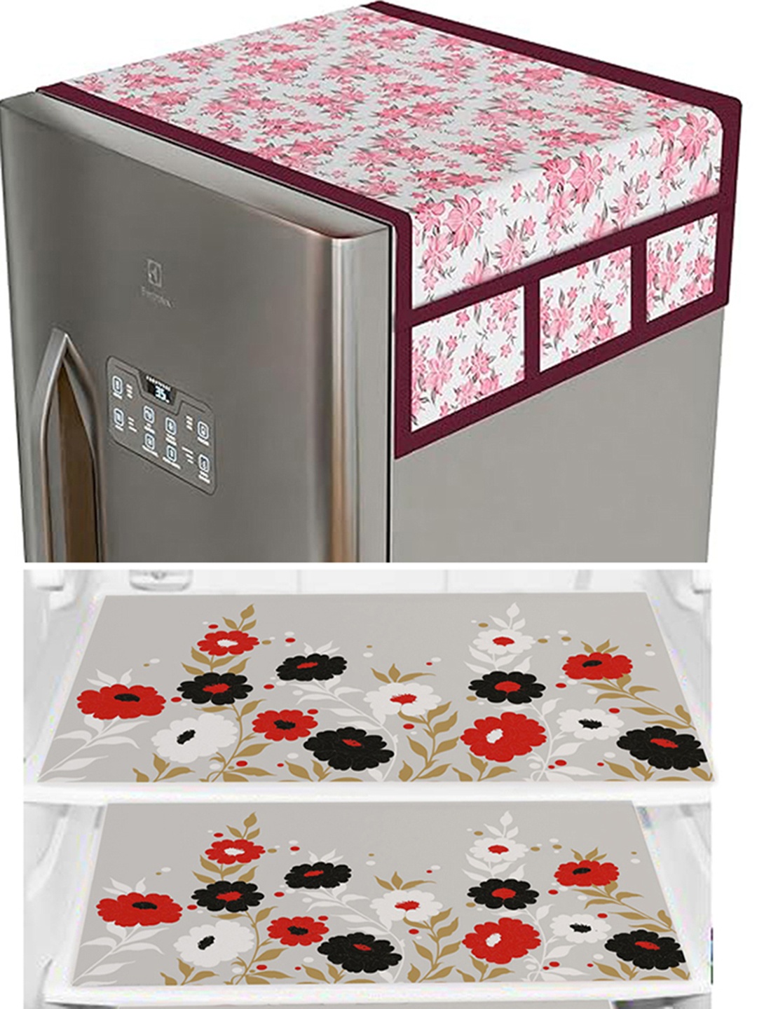 

Dakshya Industries White & Pink 4 Pieces Printed Refrigerator Covers With Fridge Mats