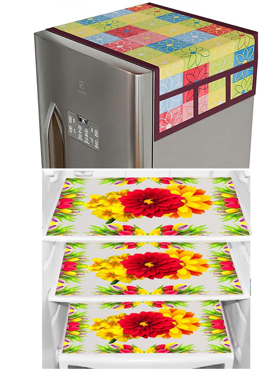 

Dakshya Industries Yellow 4 Pieces Floral Printed Refrigerator Cover Combo
