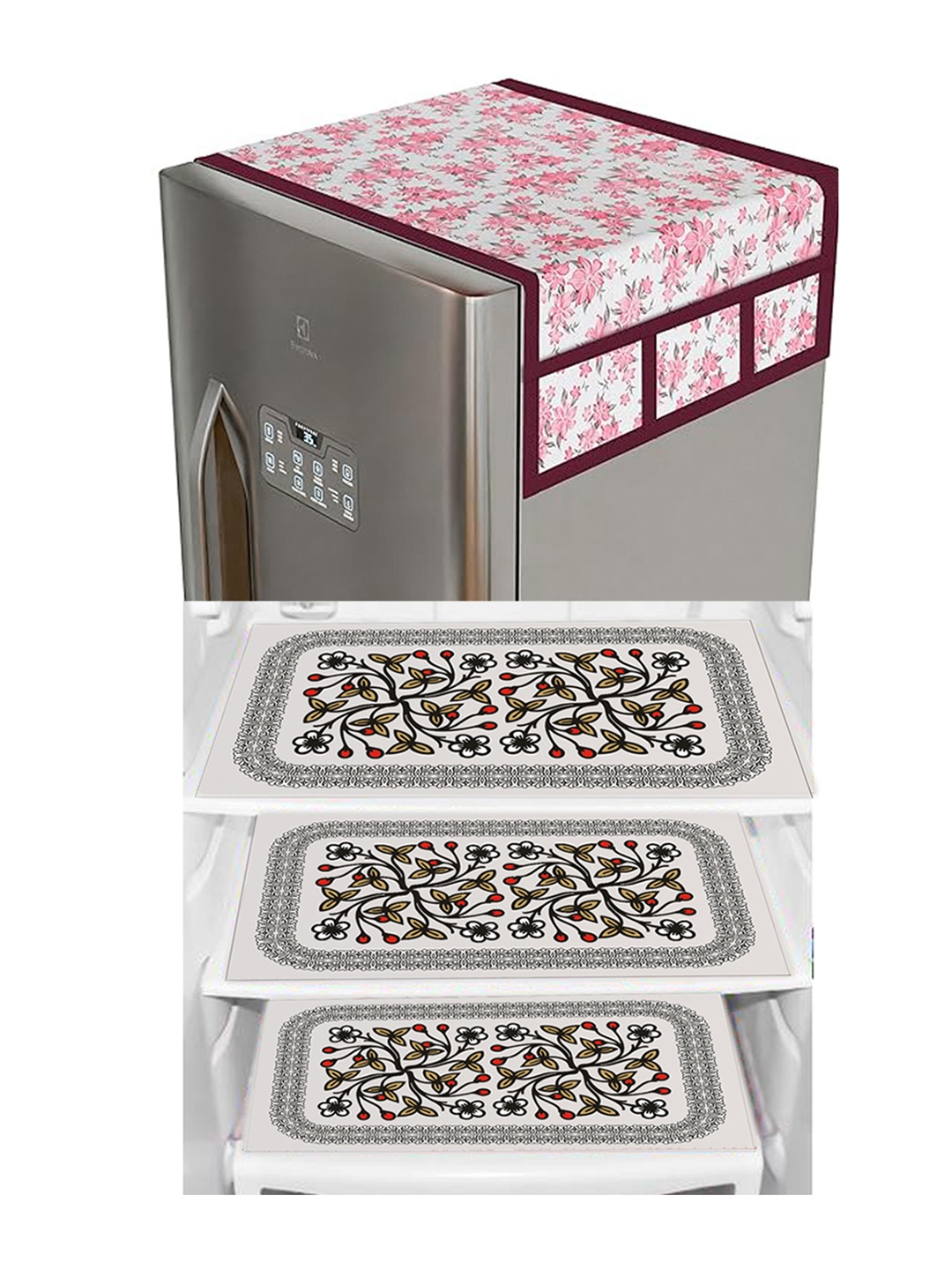 

Dakshya Industries White & Pink 4 Pieces Printed Refrigerator Covers With Fridge Mats