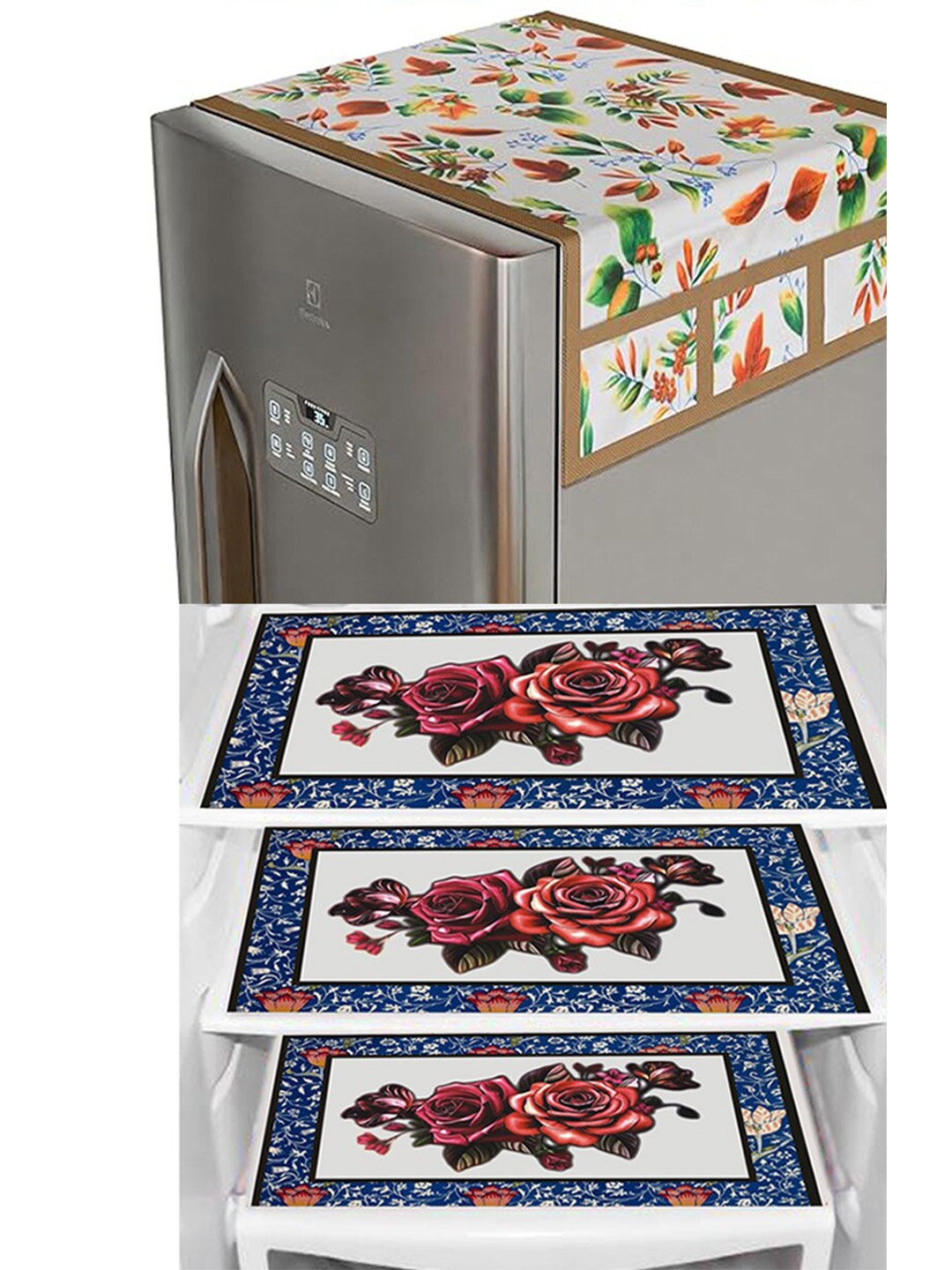 

Dakshya Industries White & Blue 4 Pieces Printed Refrigerator Covers With Fridge Mats