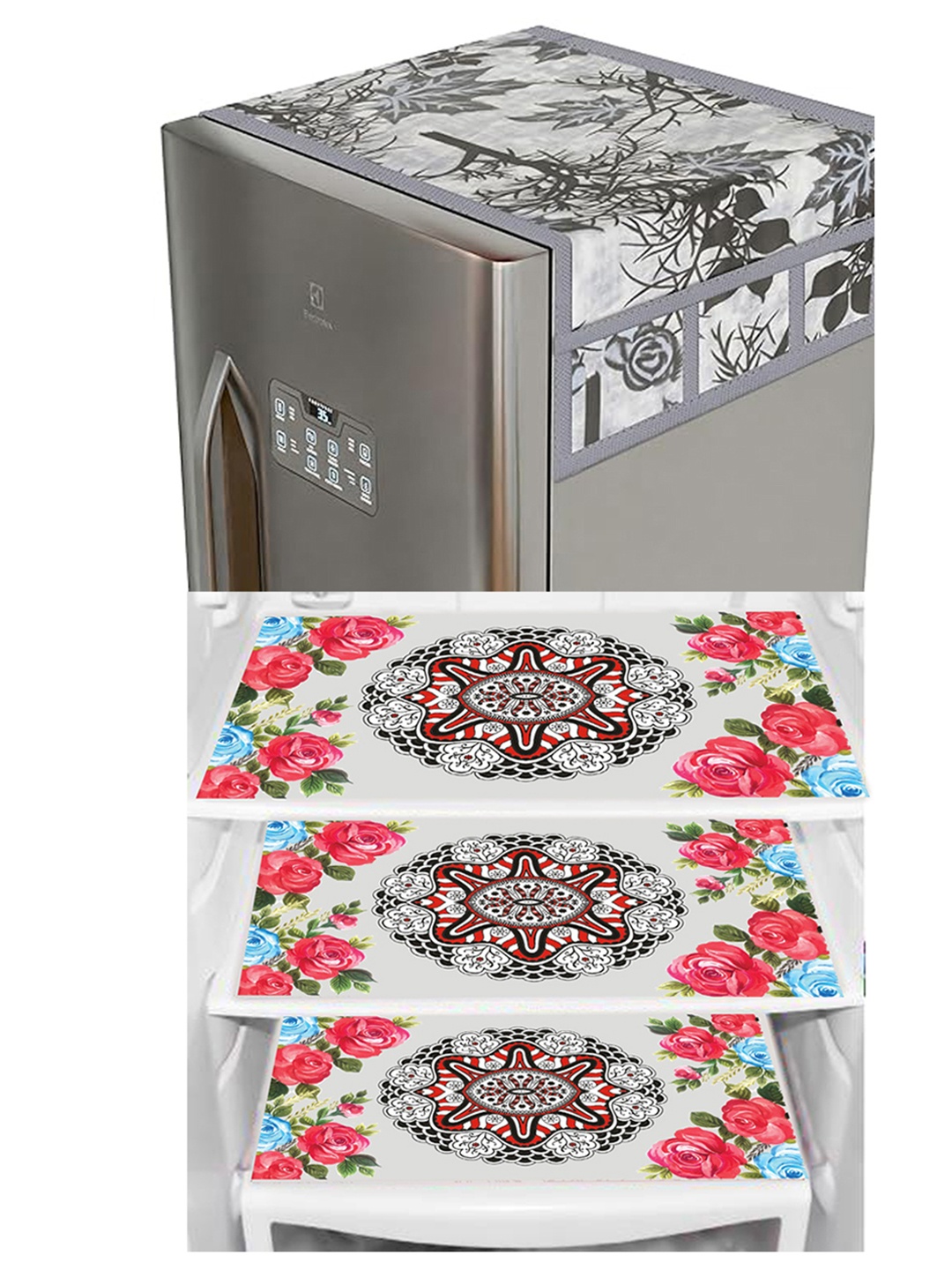 

Dakshya Industries White & Pink 4 Pieces Printed Refrigerator Covers With Fridge Mats