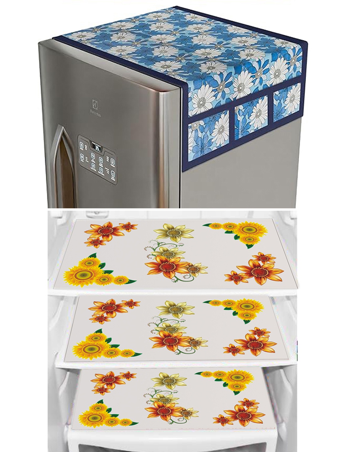 

Dakshya Industries 4 Pieces Yellow & Blue Printed Refrigerator Covers With Fridge Mats