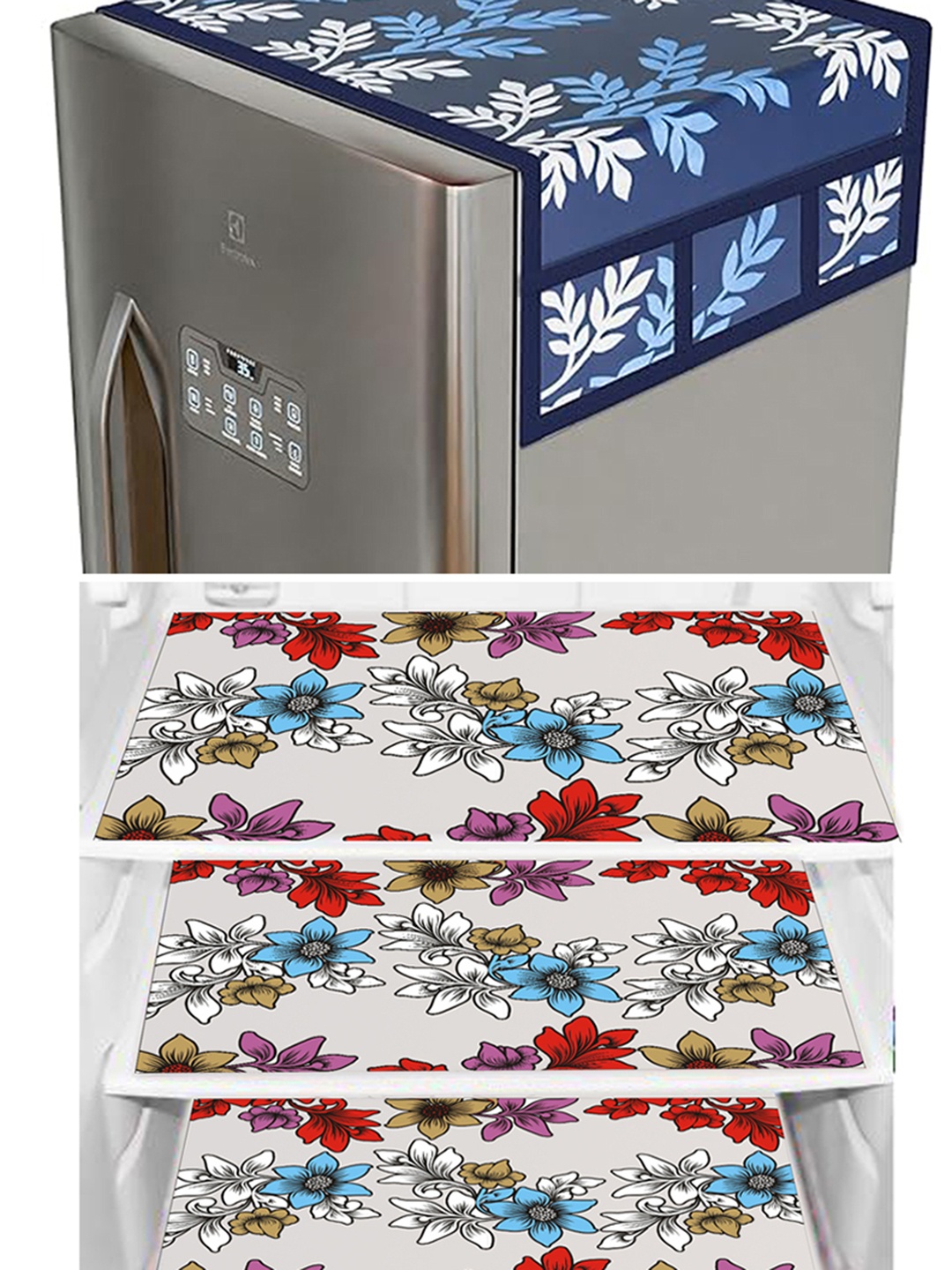 

Dakshya Industries Blue & White 4 Pieces Printed Refrigerator Covers With Fridge Mats