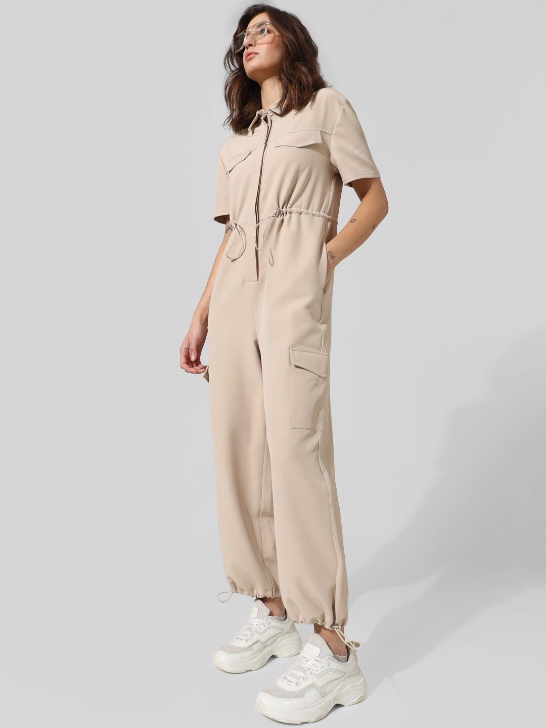 

ONLY Onlgabberdine Waist Tie-Up Detail Basic Jumpsuit, Beige