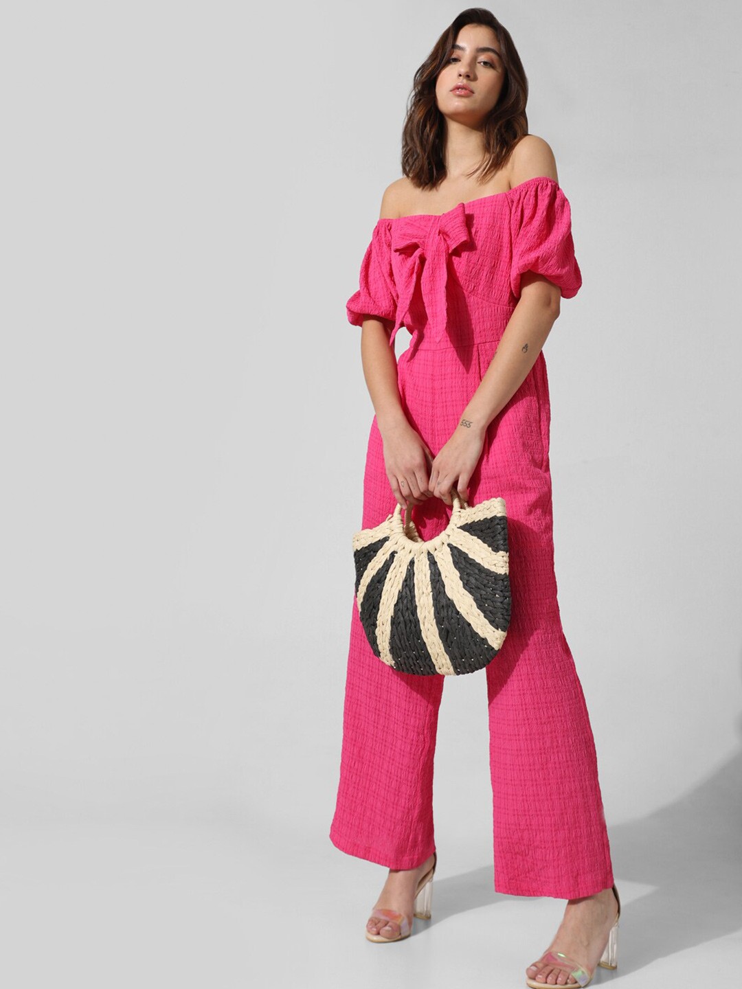 

ONLY Self Design Off-Shoulder Puff Sleeves Bow Detail Basic Jumpsuit, Pink